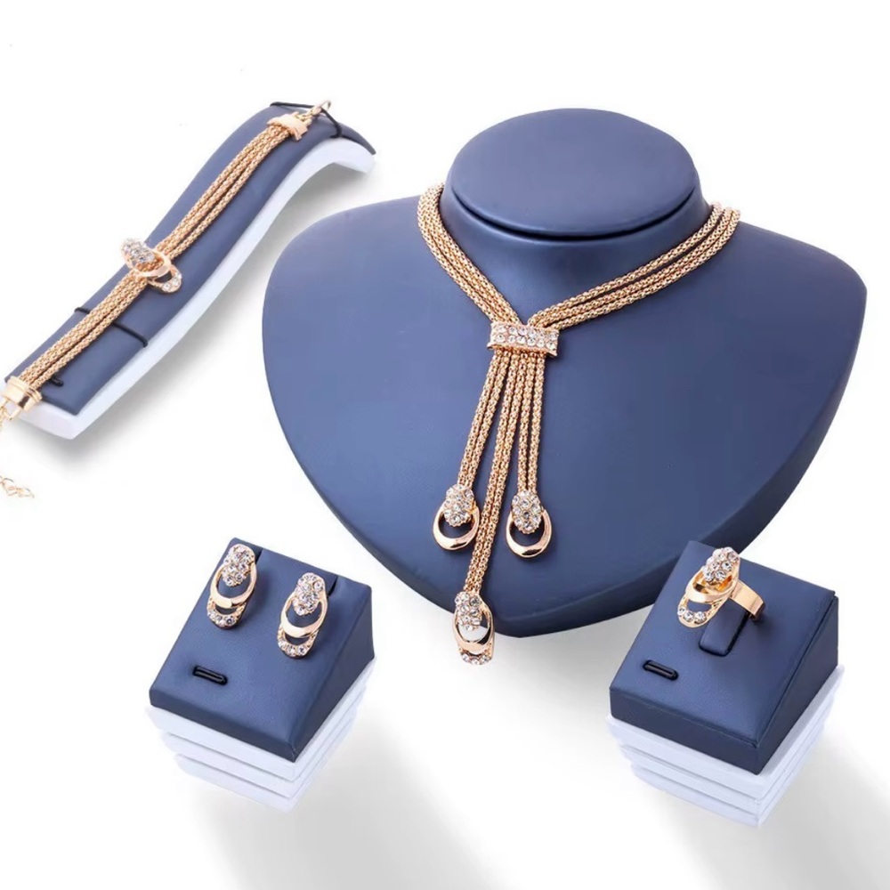 5 Piece Gold tone jewelry set necklace, Bracelet, Ring, Earrings New